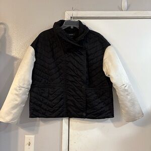 Isabel Marant Black Cream Ivory Quilted Chore Utility Jacket Bomber Silk Boxy 40